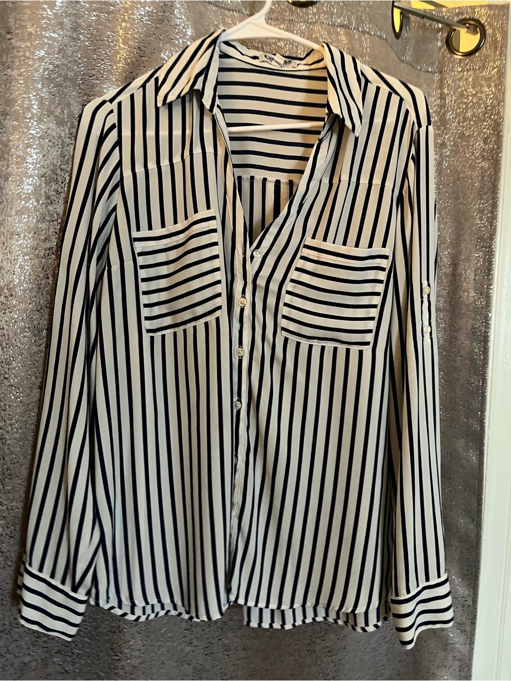 Woman’s Striped Long-Sleeve Button-Up Shirt - Navy & White